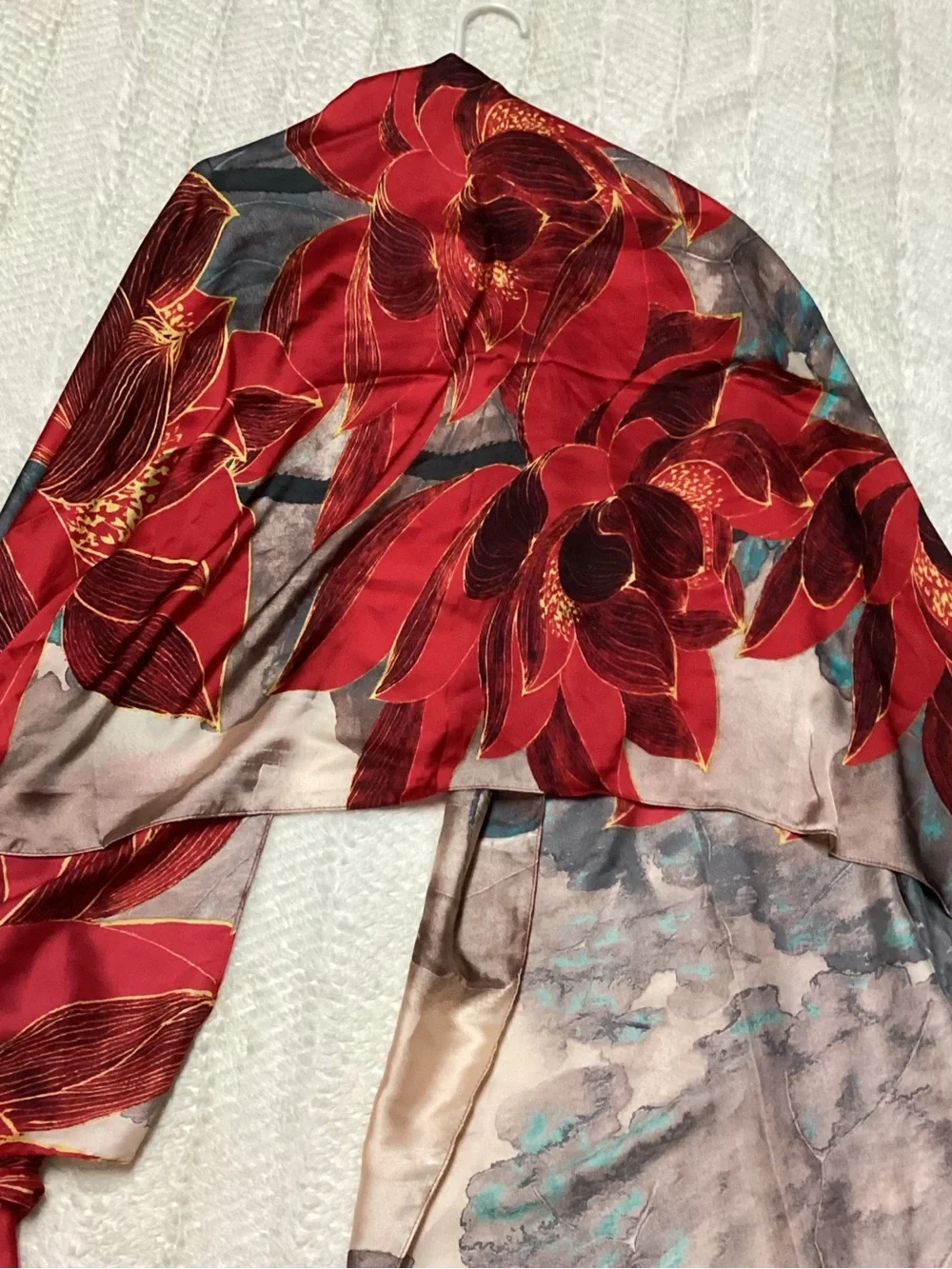 Wrapables Silk Like Satin Polyester Large Scarf Wrap, Red Lotus Colorful Scarf